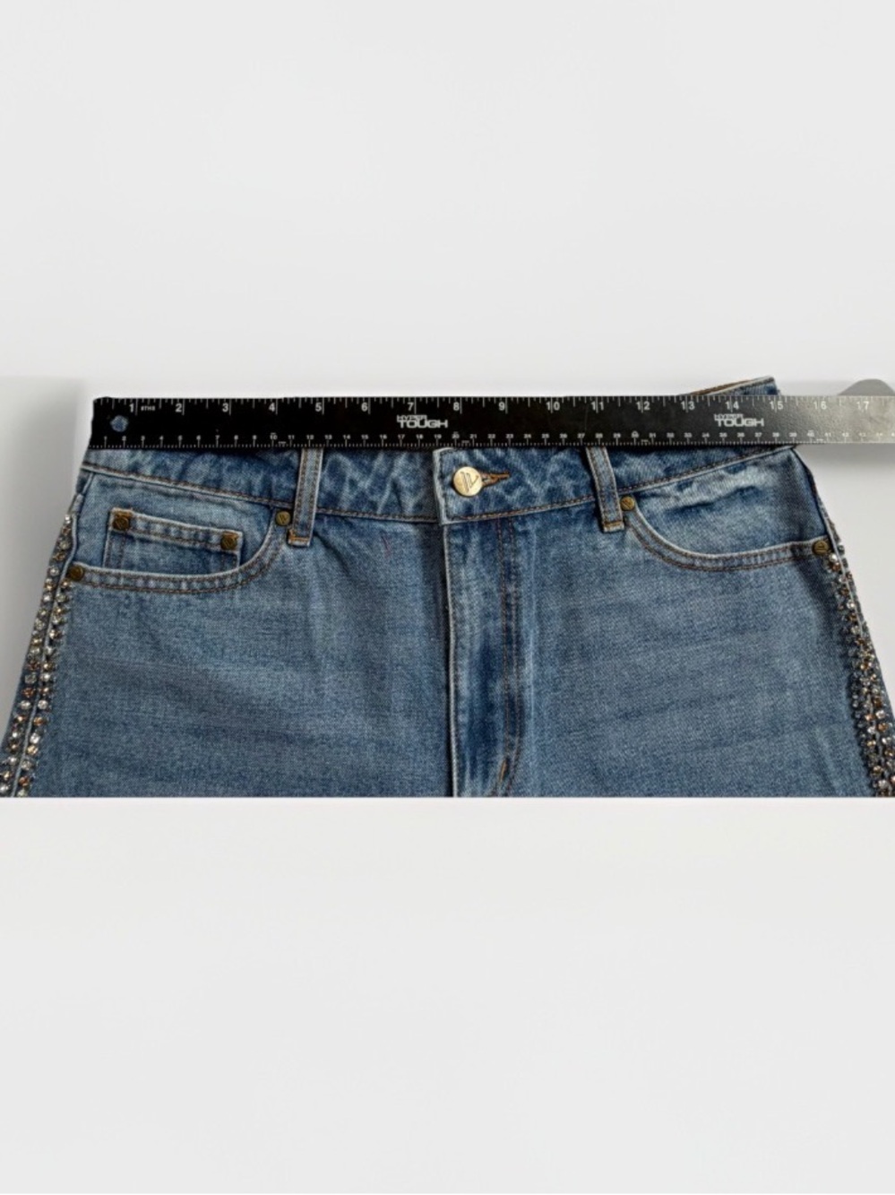 Rhinestone Side Stripe High Rise Distressed Denim Shorts 10 Festival Cowgirl - Picture 7 of 12